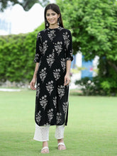 Women's Black Rayon Slub Bandhani Straight Kurta